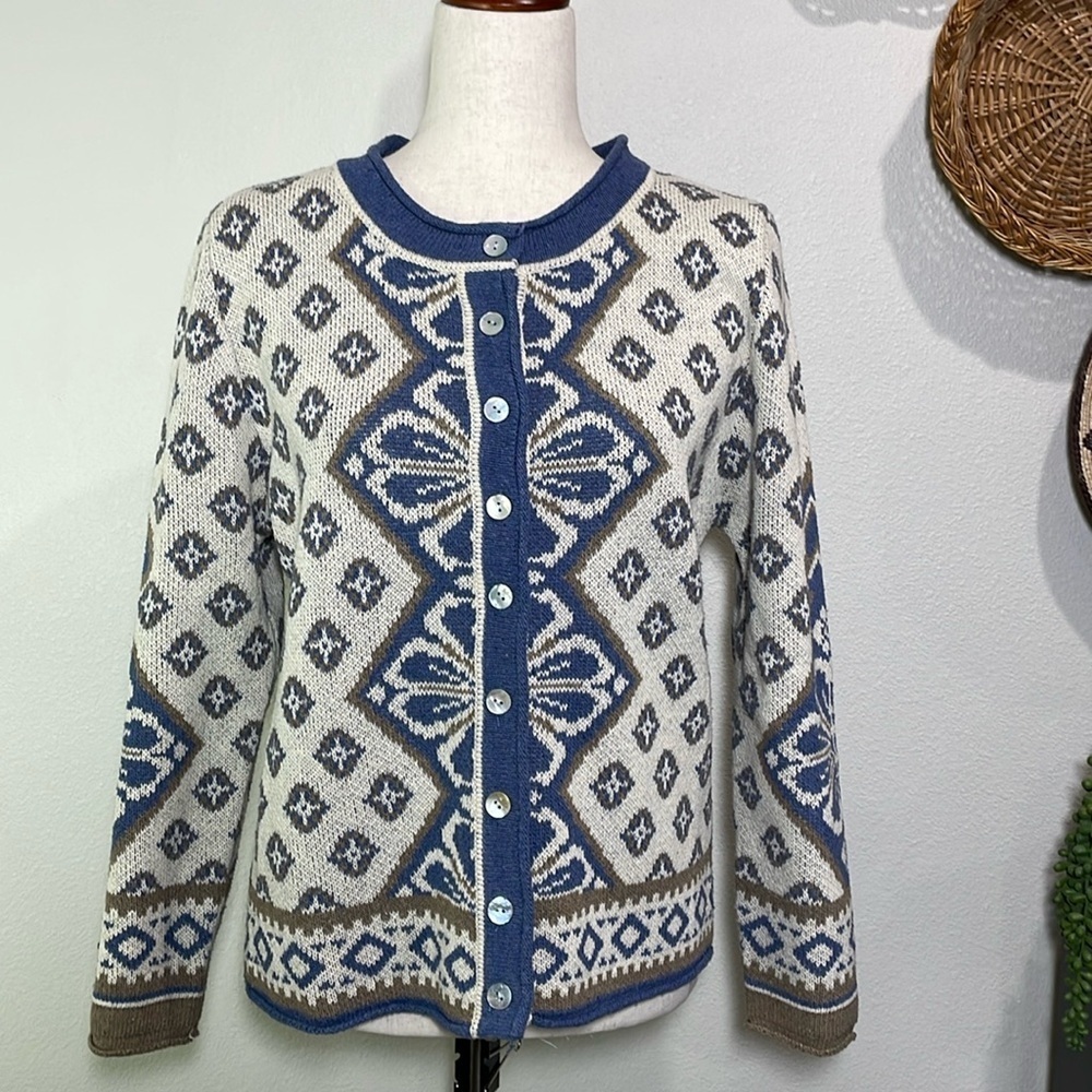 Vintage Misslook Cardigan Blue/Tan/Camel/Cream Cotton Blend Nordic Style Small